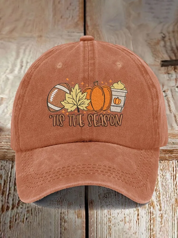 Football Tis The Season Pumpkin Maple Leaf Print Baseball Cap