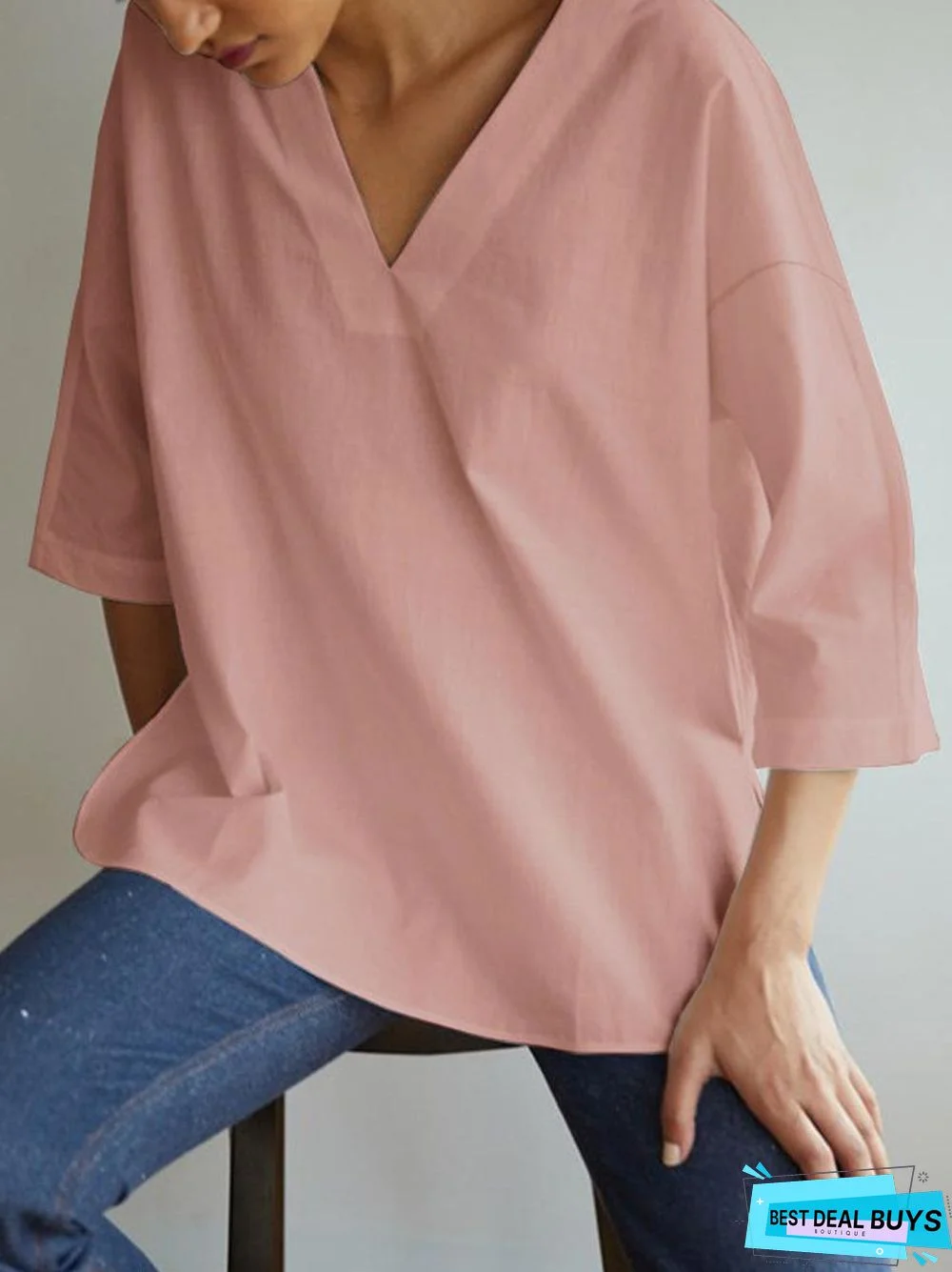 Cotton Linen V-Neck Solid Color Three-quarter Sleeve Shirt