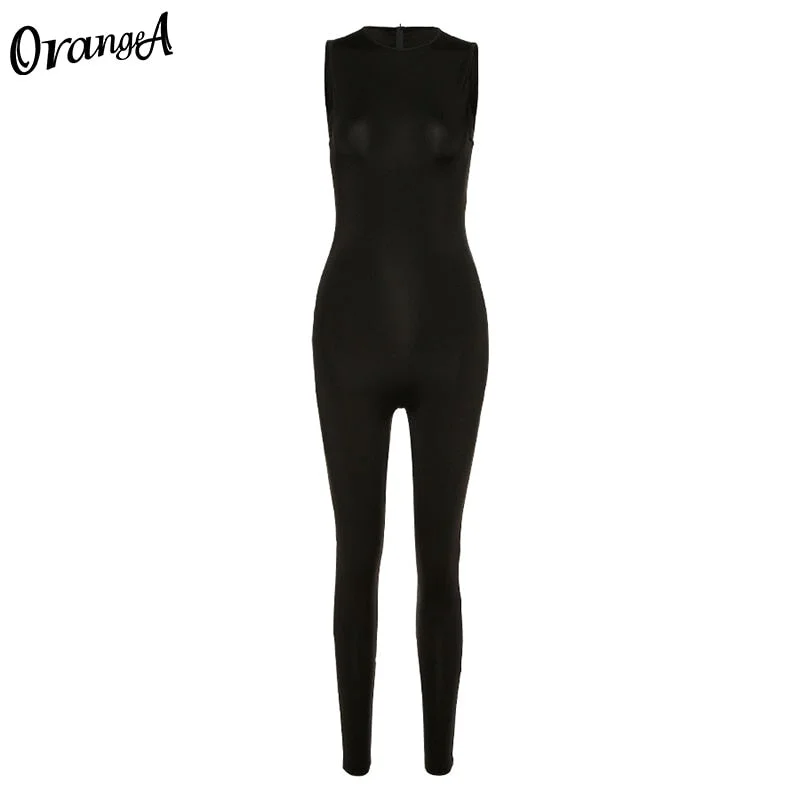 OrangeA sleeveless skinny jumpsuit women solid zipper fitness o-neck rompers summer 2021 one piece outfit streetwear elastic