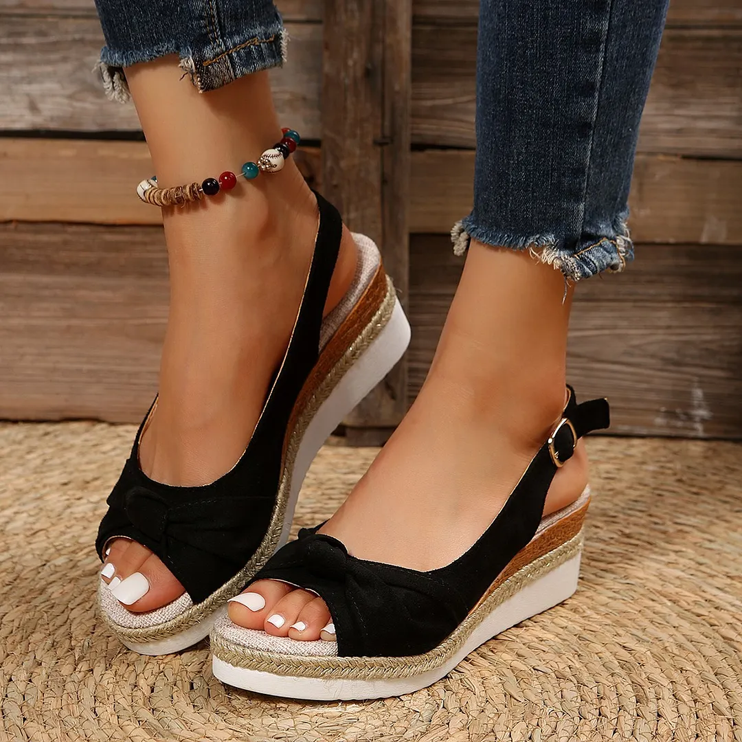 Breakj Breakj Velvet Hemp Rope Bow And Sandals Women's Casual Slopes And Thick-Soled Sandals Women's Shoes