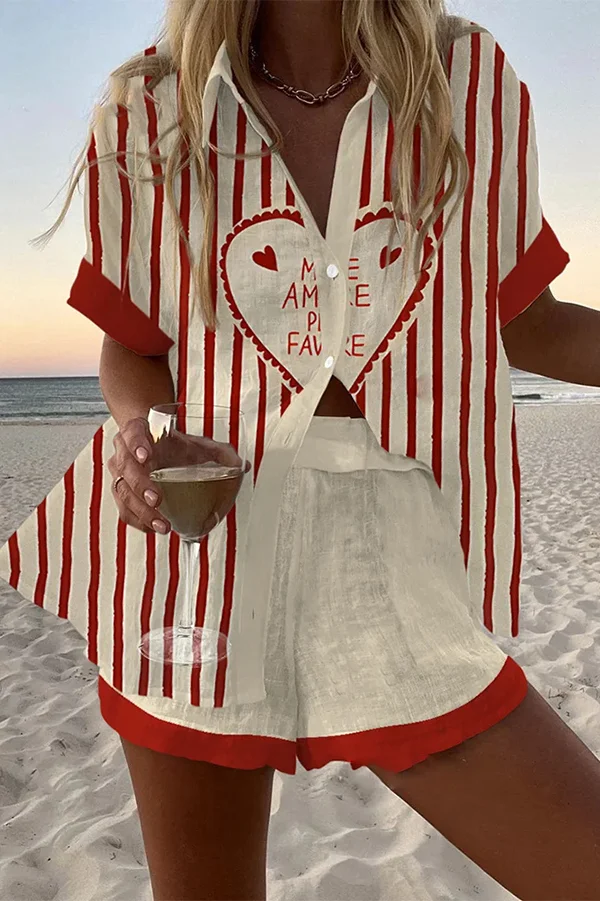 Striped Heart Print Loose Button Elastic Waist Shorts Set