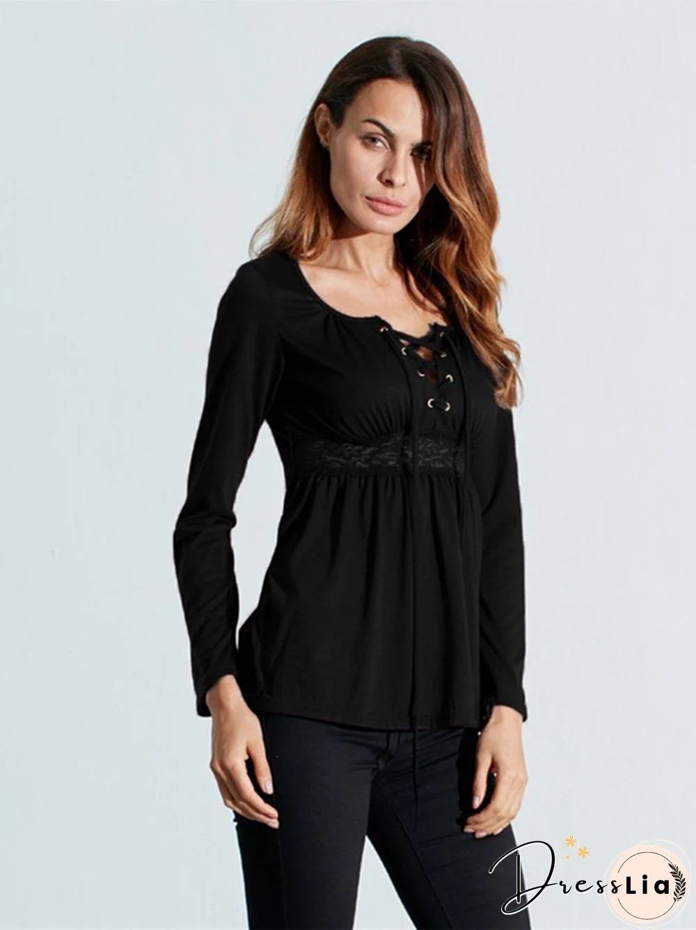 Women V-Neck Lace-up Floral Peplum Long Sleeve Shirts