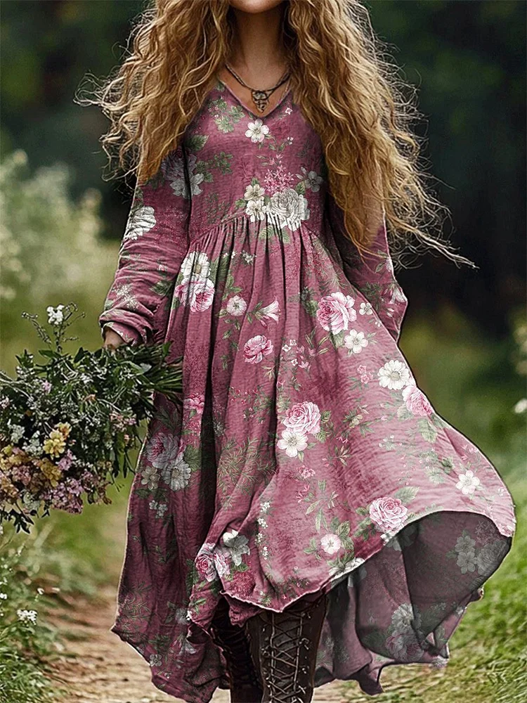 Women's Vintage Floral Art Print Pocket Cotton Dress