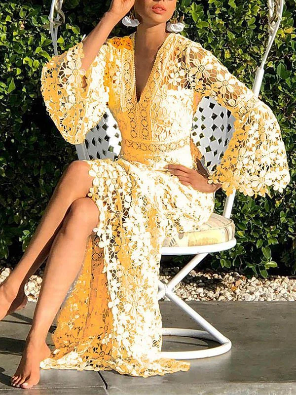 Falbala Floral Lacy Split-Joint Zipper Flared Sleeves Long Sleeves V-neck Sexy Dresses Maxi Dresses Evening Dresses Dresses Bohemia Dresses