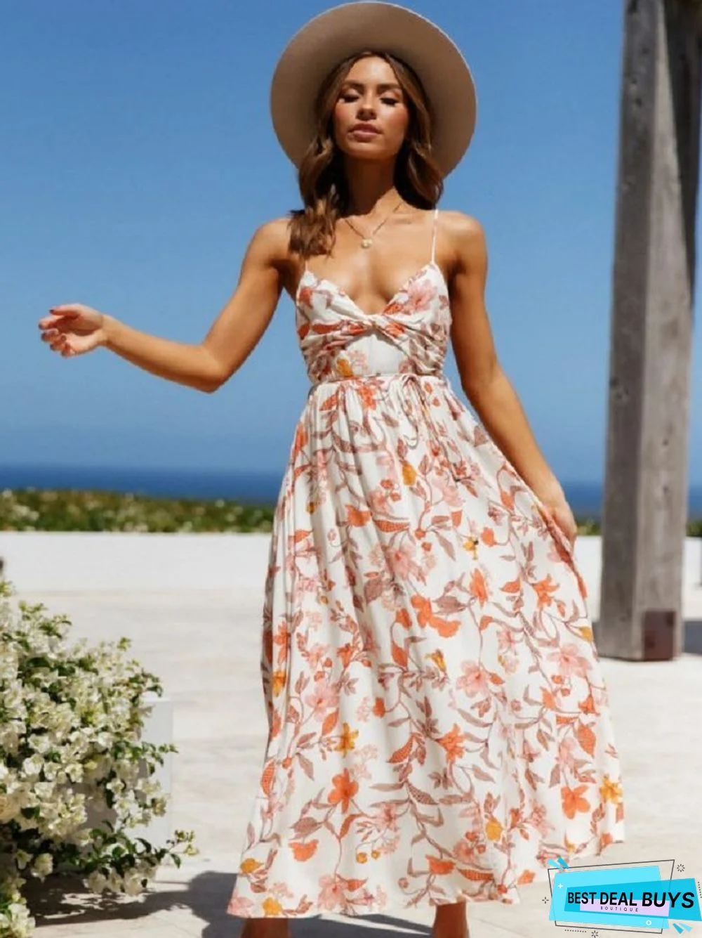 V-Neck Sling Printed Bohemian Beach Dress