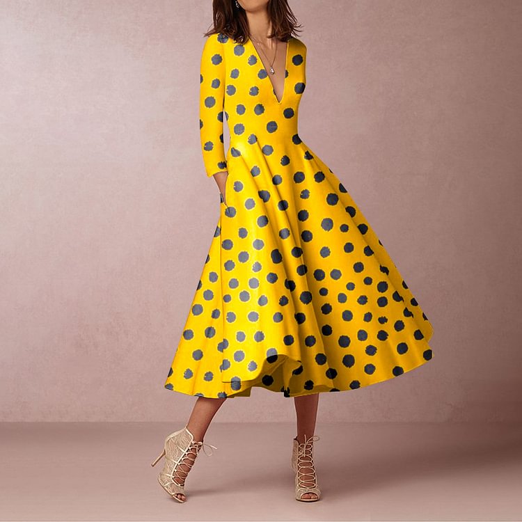 Fashion Polka Dot Print Swing Midi Dress