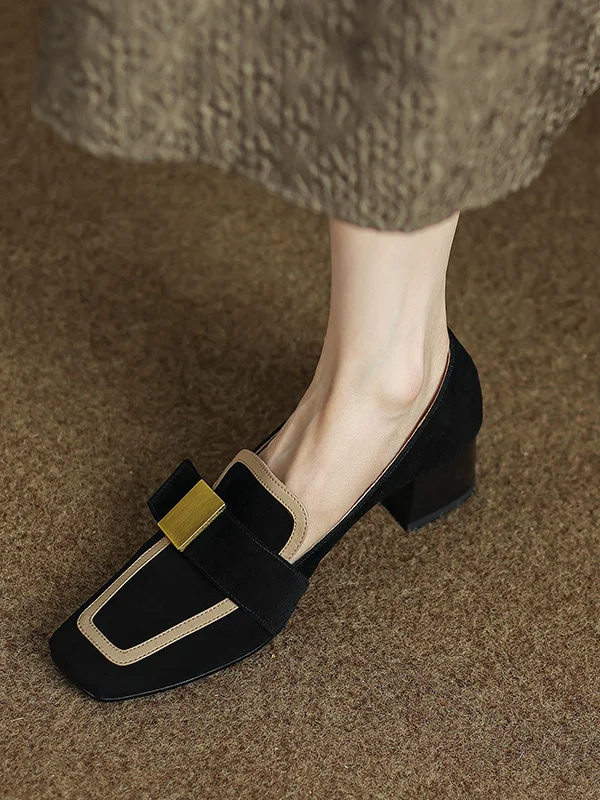 Contrast Color Square-Toe Mid Heels Loafers