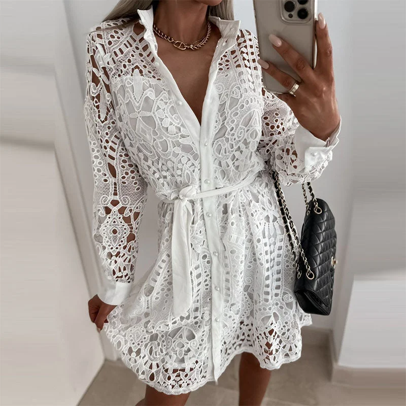 Sexy Women Lace Hollow Out Shirt Dress