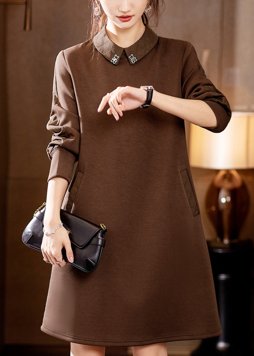 VCSHOES Coffee Peter Pan Collar Pockets Cotton Mid Dress Fall