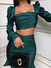 Stylish Falbala Pleated Long Sleeves Square-Neck Shirts+ High Waisted Skirt Two Pieces Set