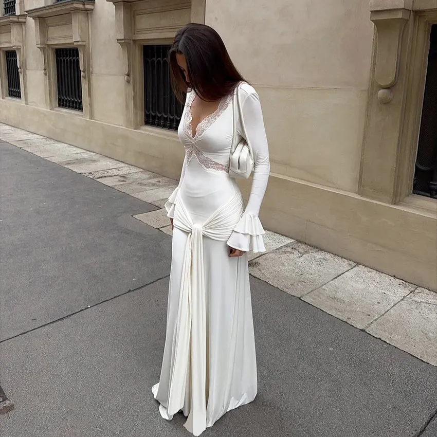 Solid Lace Trim V-Neck Flared Cuff Long Sleeve Wrap Tie High Waist Mermaid Maxi Dress
