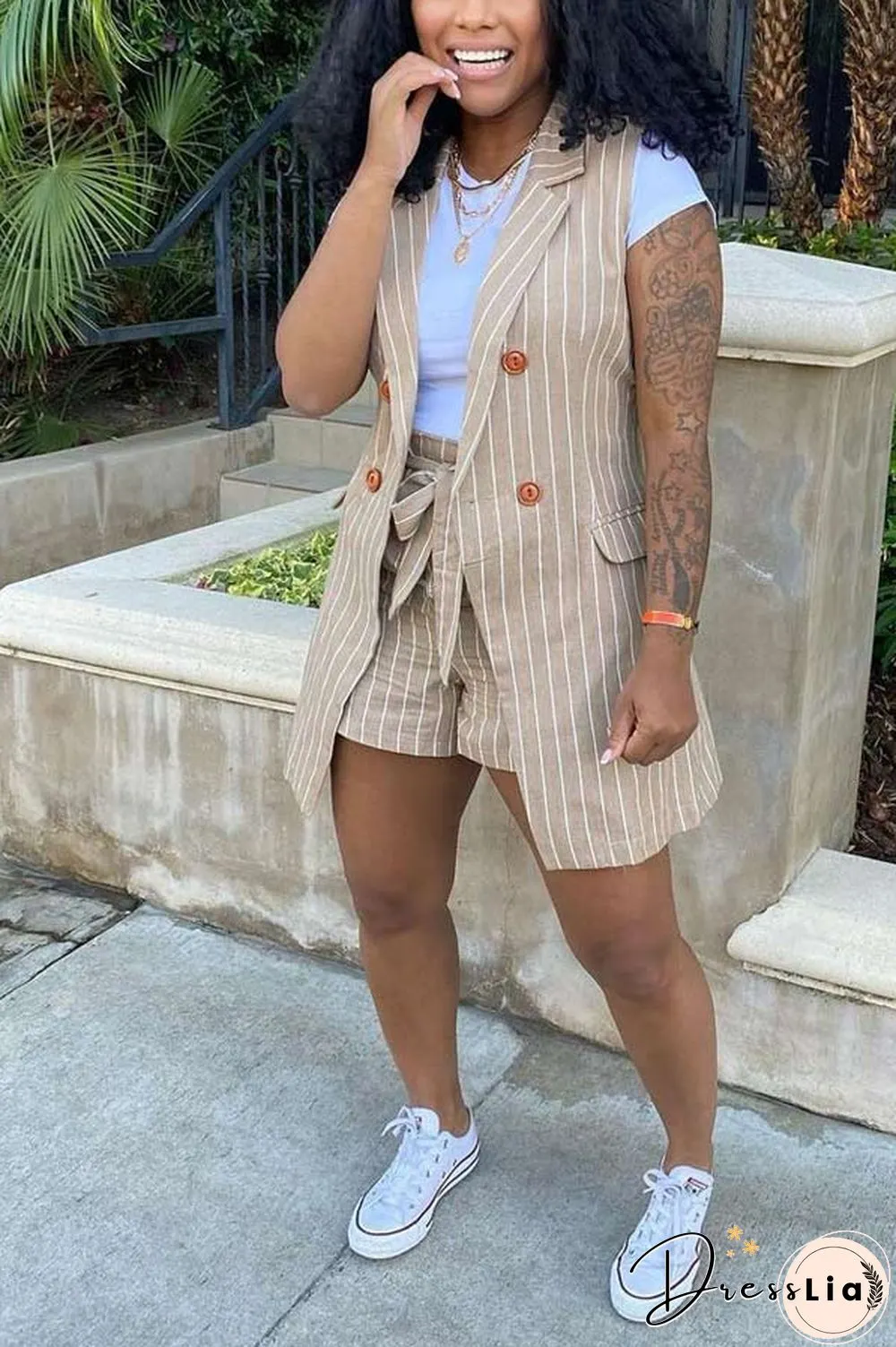 Casual Stripe Print Vest Jacket Shorts Set
