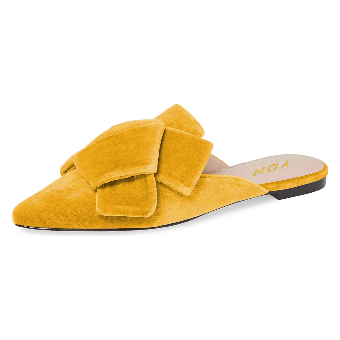 YDN Yellow Pointed Toe Flat Knotted Casual Mules for Women
