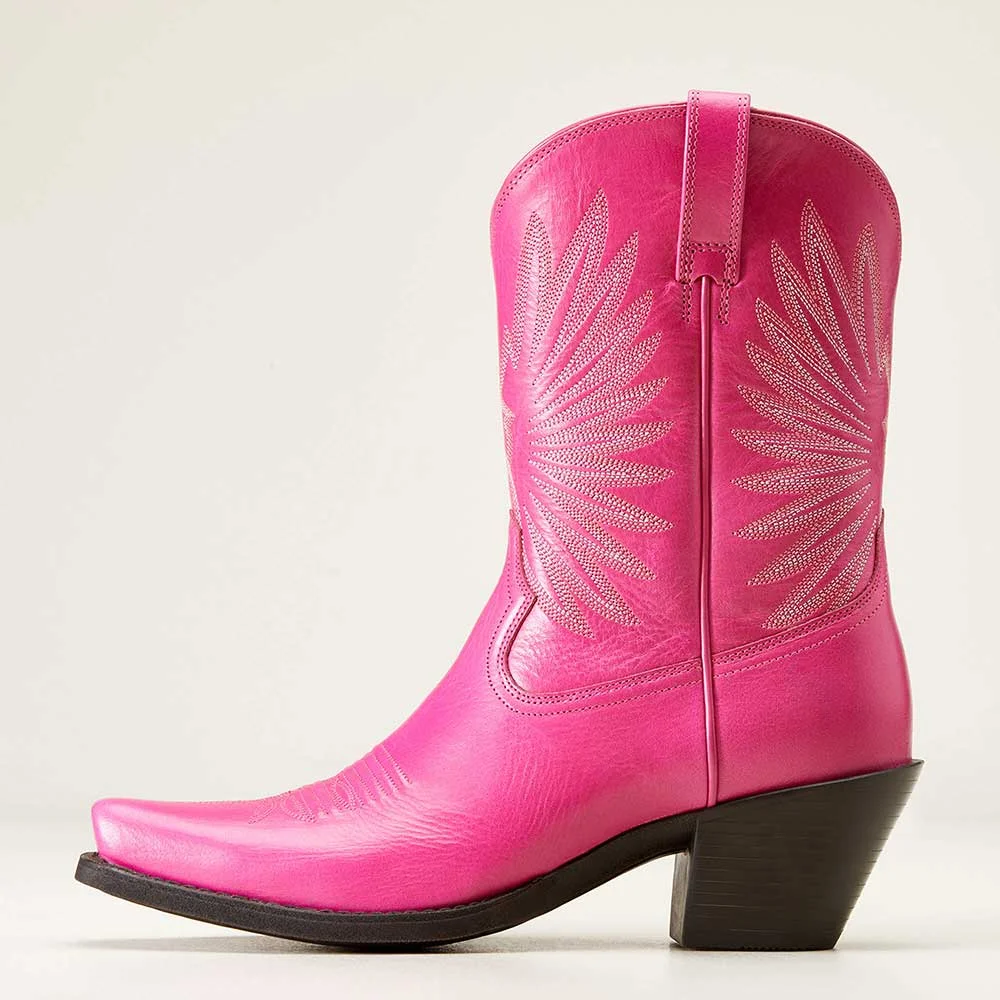 Pink Chunky Heeled Vegan Leather Embroidered Mid Calf Cowgirl Boots Nicepairs