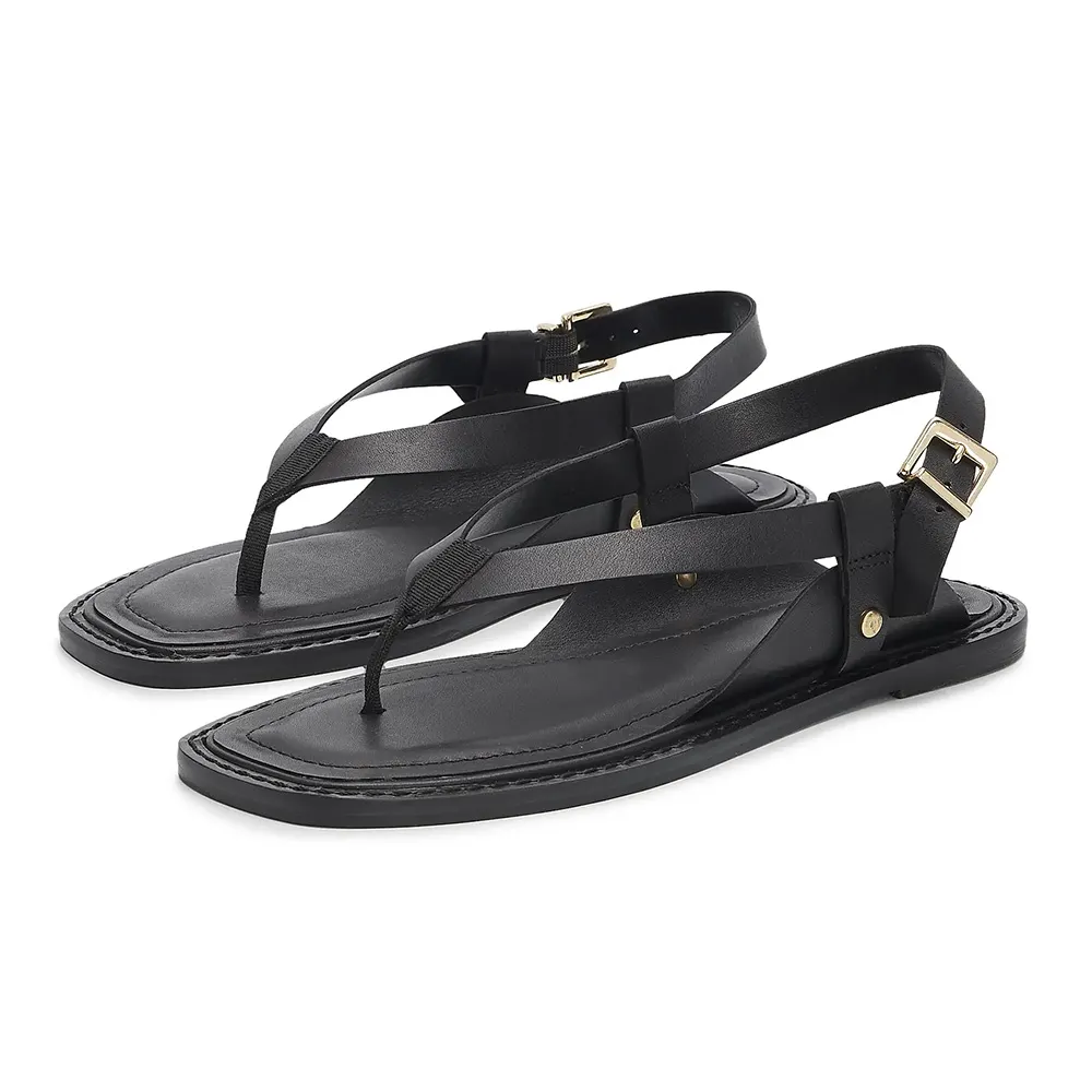  Elegant Square Toe Flip Flop Buckled Flat Black Sandals for Women Nicepairs