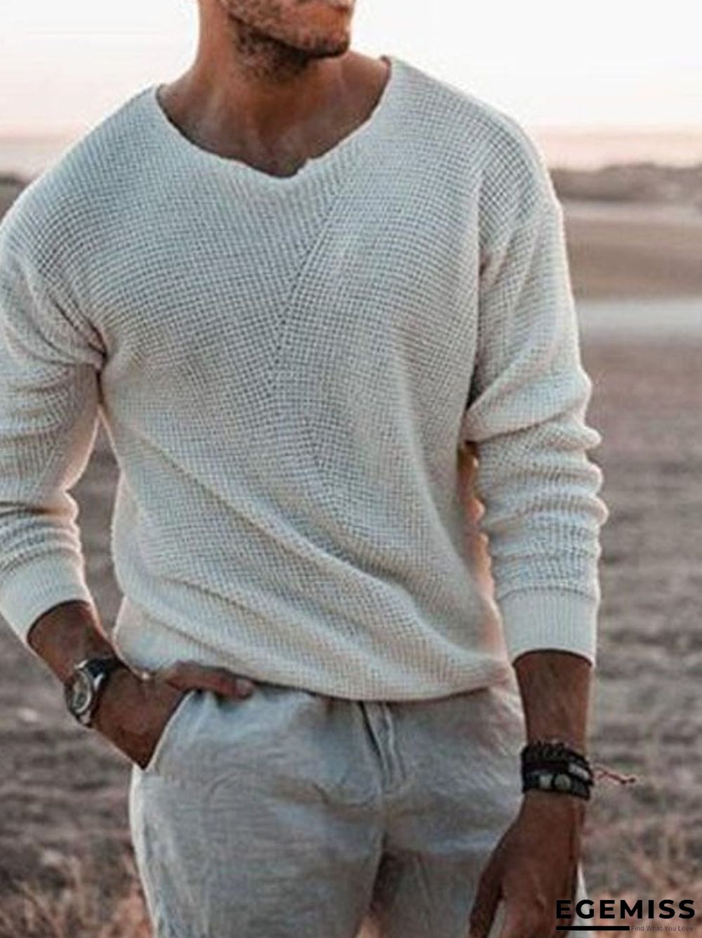 Long Sleeve Round Neck White Slim Fit Men's Sweater | EGEMISS