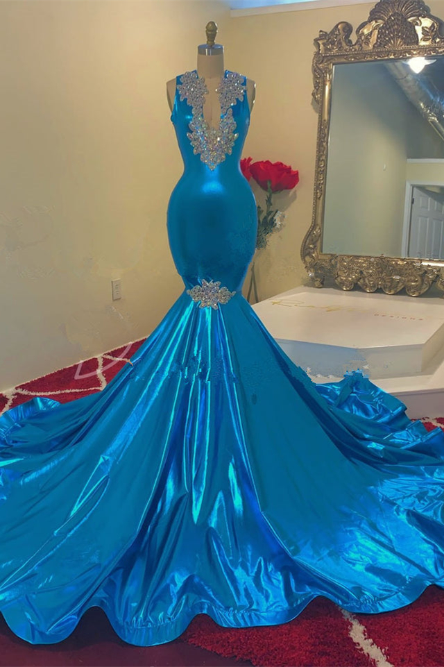 Bellasprom Ocean Blue Sleeveless V-Neck Mermaid Prom Dress With Appliques Bellasprom