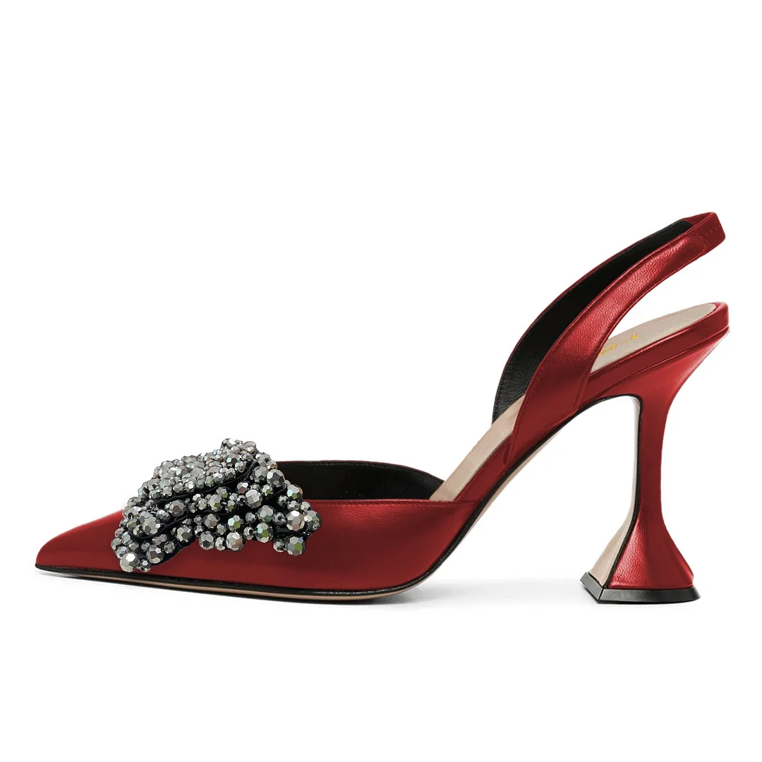 Women's Pointed Toe Flared High Heel Butterfly Metallic Red Pumps