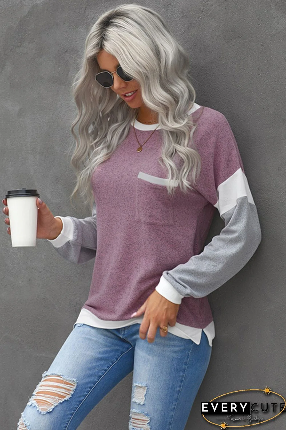 Splicing Sleeve Pink Knit Top