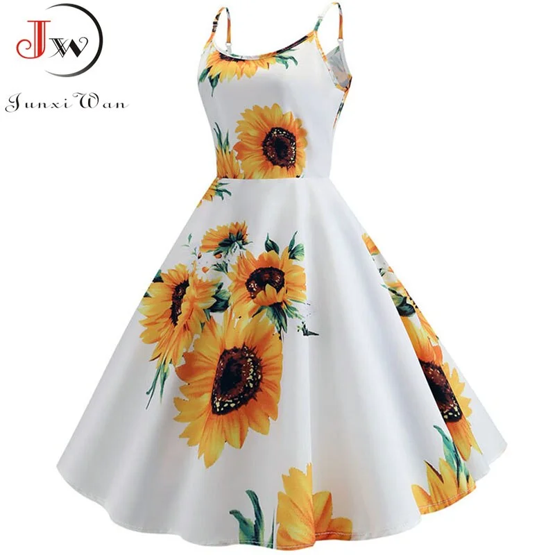 Summer Women Dress  Sexy Sunflower Print Tunic Beach Dress Sundress White Spaghetti Strap Swing Vintage Rockabilly Dresses
