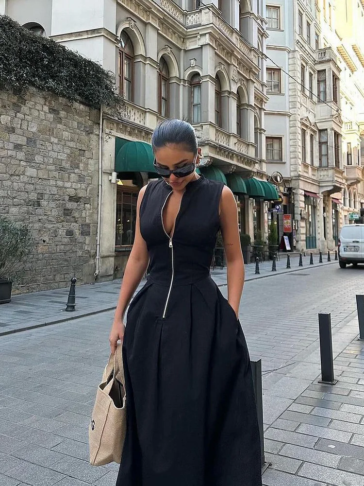 Zippered Waist Long Dress