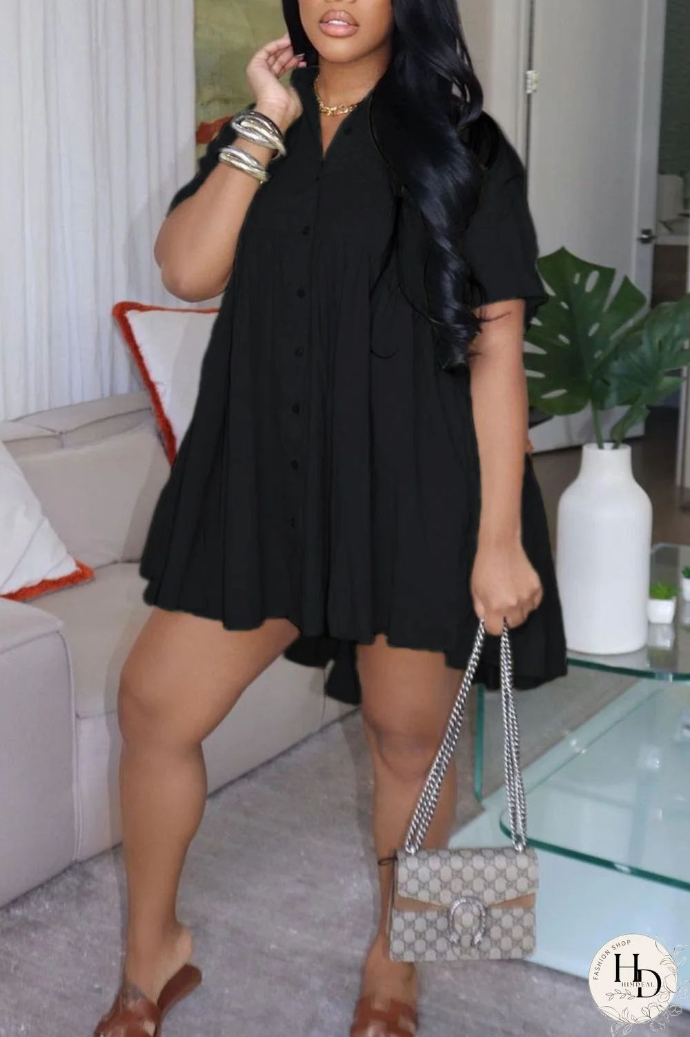 Black Casual Solid Patchwork Buckle Turndown Collar A Line Dresses