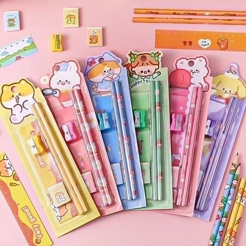Student Learning Stationery Cartoon Pencil Eraser Ruler Pencil Sharpener Five-piece Set