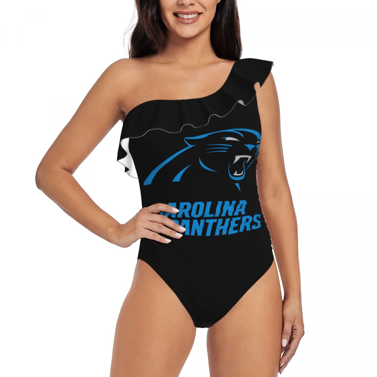Carolina Panthers One Shoulder Ruffle Bathing Suit