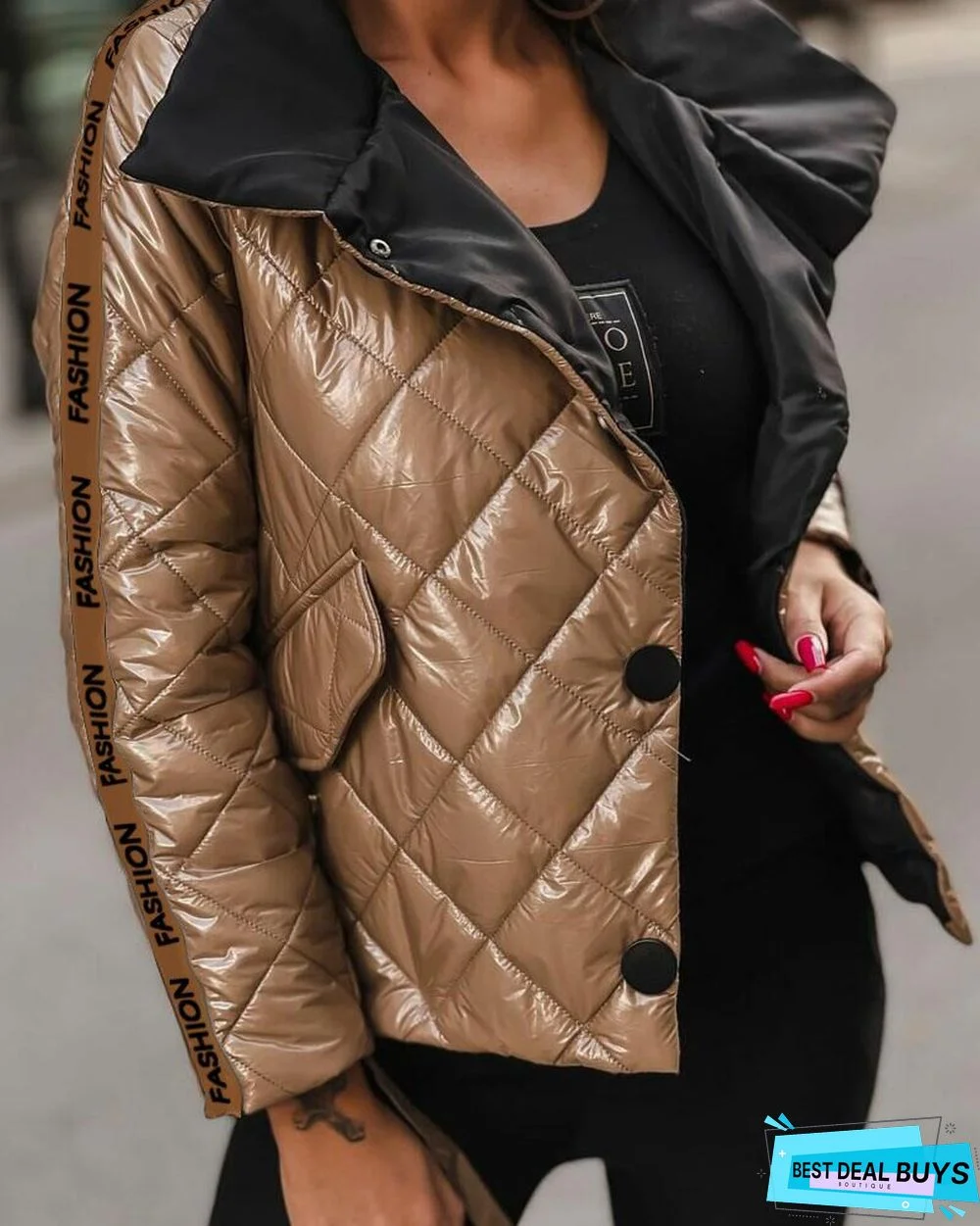 Letter Tape Patch Button Front Quilted Puffer Coat