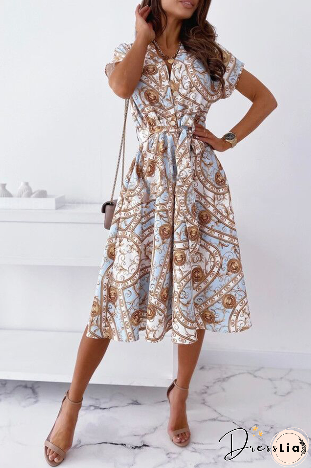 Fashion Elegant Print Buckle With Belt V Neck A Line Dresses