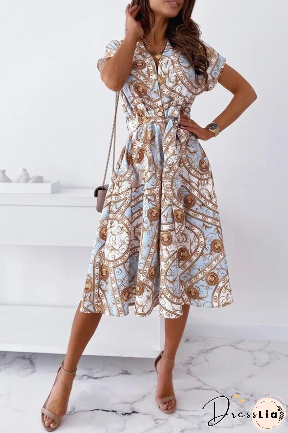 Fashion Elegant Print Buckle With Belt V Neck A Line Dresses