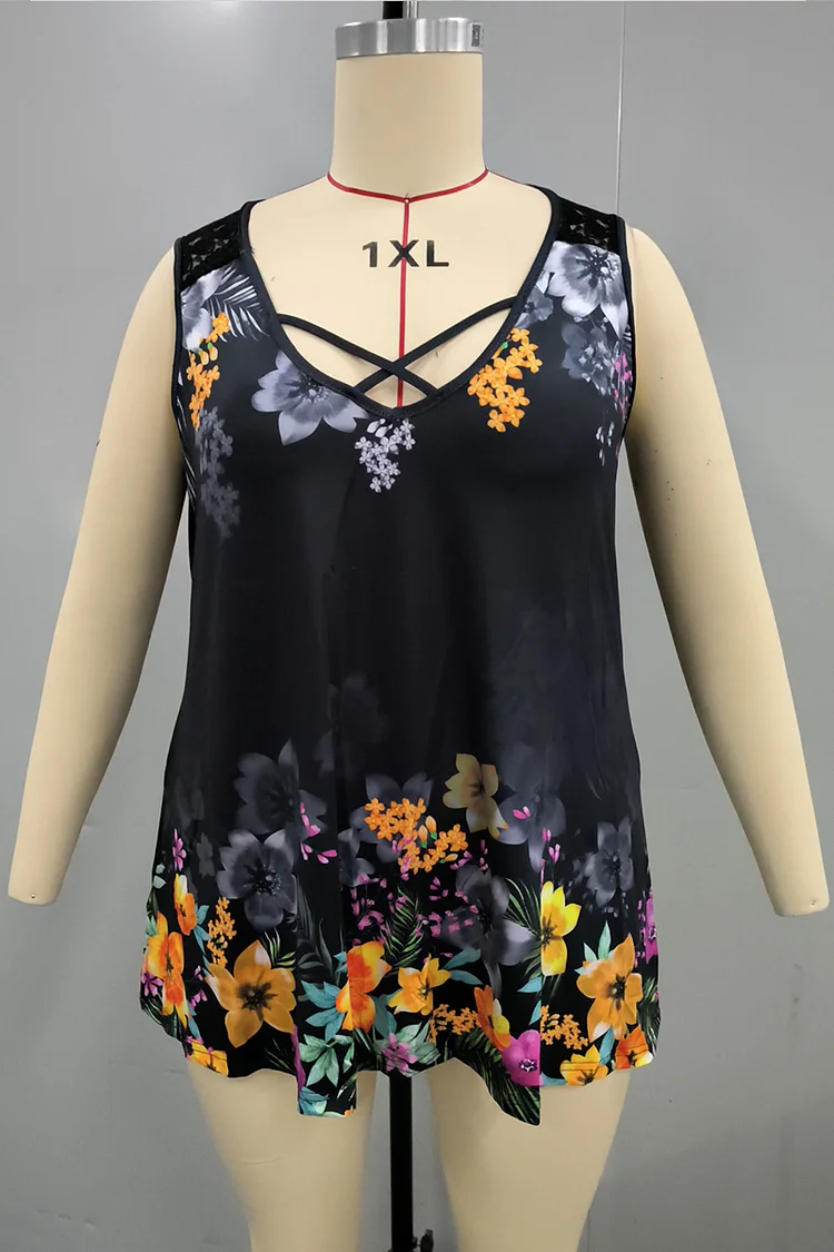 Plus Size Casual Lace Stitching Cross Strap Floral Print Tank Top  Flycurvy [product_label]