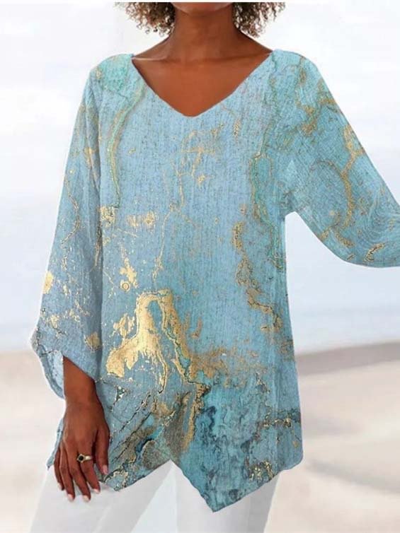 Women Asymmetrical 3/4 Sleeve V-neck Graphic Printed Top Dress