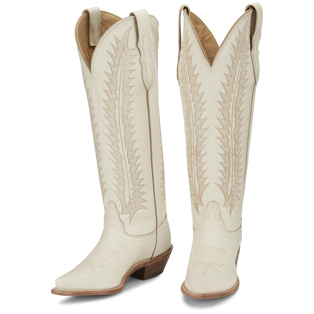 Snip Toe Chunky Heel Embroidered Knee-High Cowgirl Boots in Beige Nicepairs