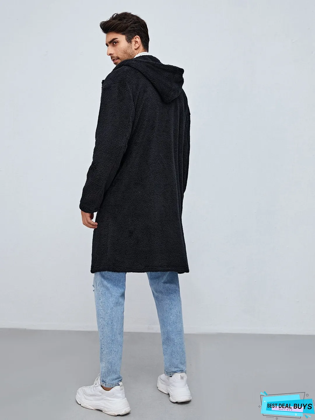 Men Pocket Front Duffle Hooded Flannel Coat