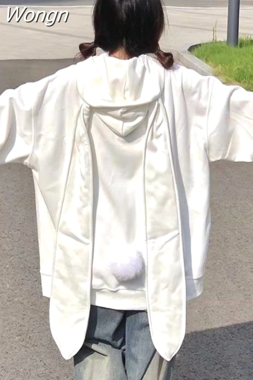 Wongn Ear Rabbit Kawaii Sweet White Mid Length Sweatshirts Coats Women Y2k Harajuku Black Crop Tops Japan Style Sudadera Hooded