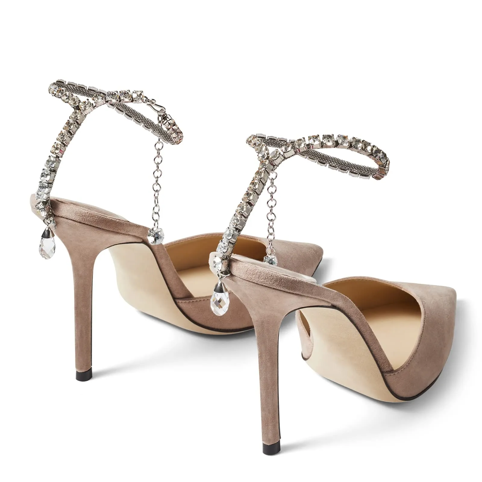 100mm Women's Sandals Crystal Chain Rhinestone Embellished Strap Suede Pumps Pointy Stilettos Backless Shoes-vocosishoes