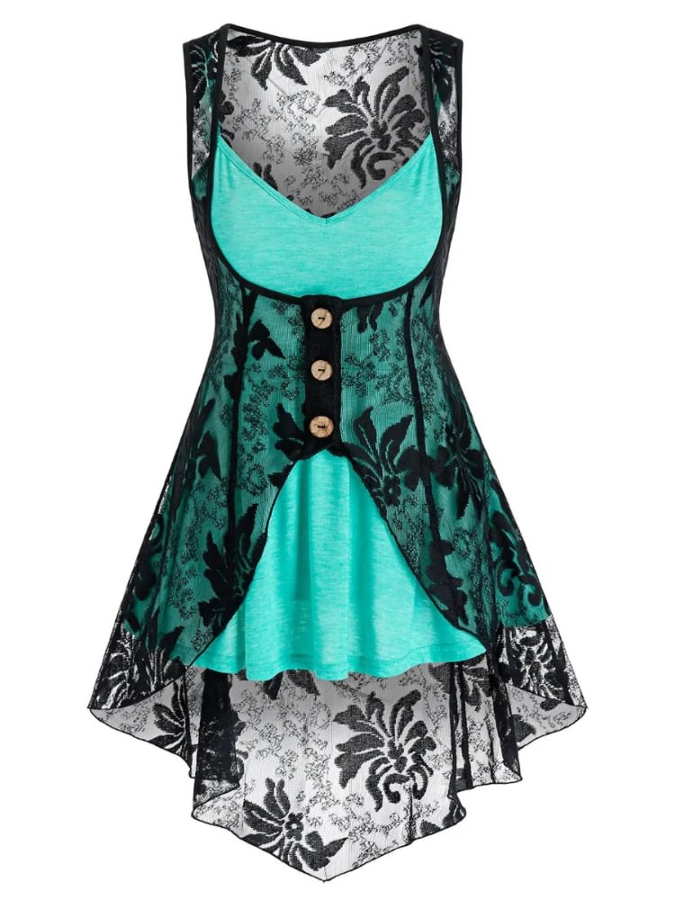 Lace Button Sleeveless Mini Dress Two Piece Set