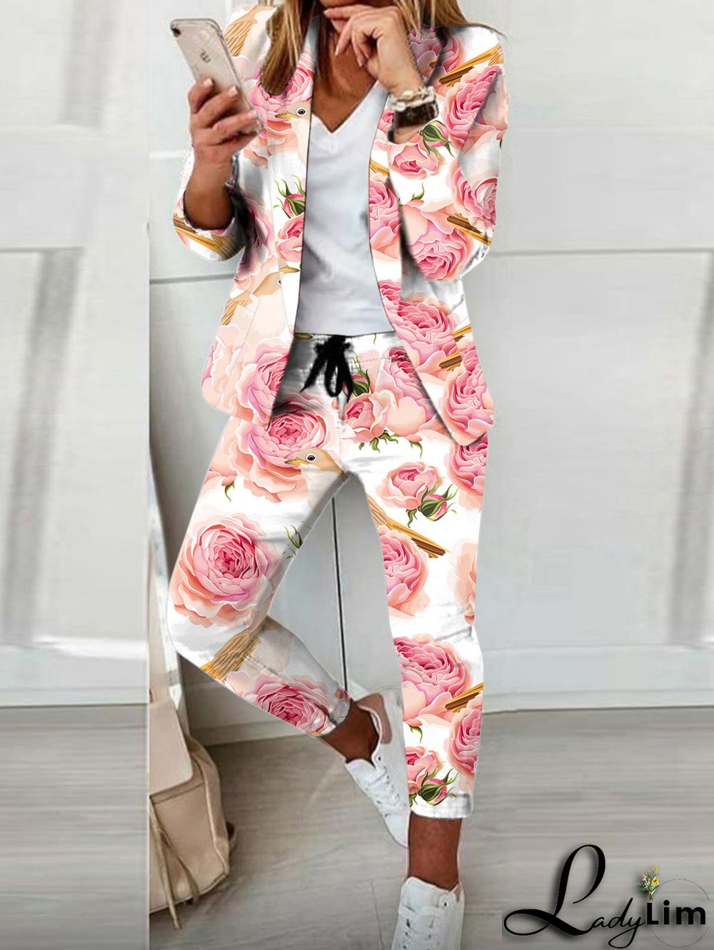 Casual Colorblock Allover Pattern Blazer & Pants 2 Pcs Set