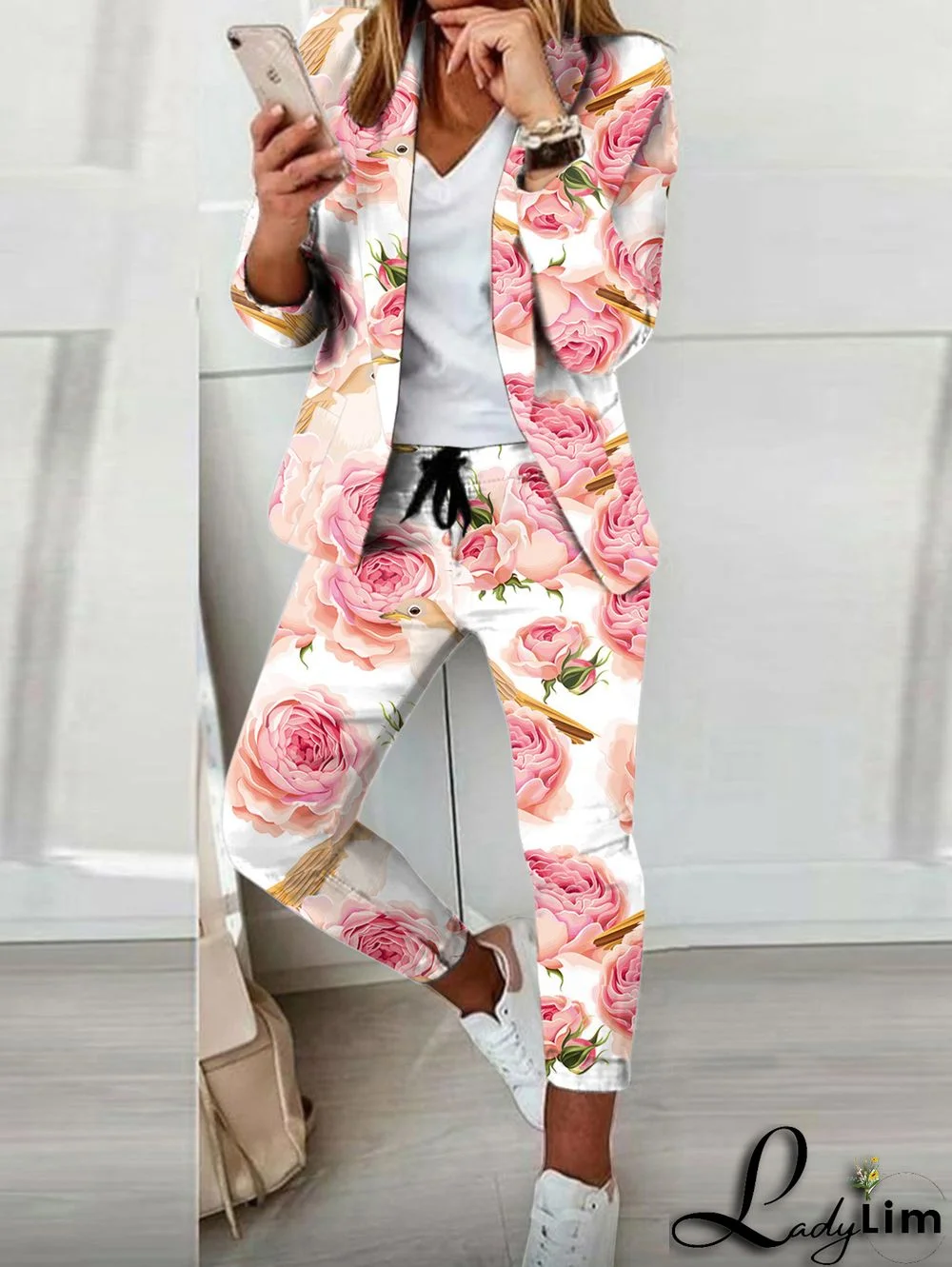 Casual Colorblock Allover Pattern Blazer & Pants 2 Pcs Set