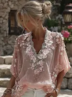 Women's Pink Cherry Blossom Embroidered Linen Blend T-shirt