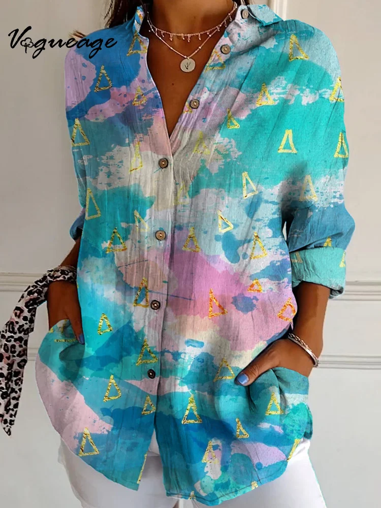 Comfortable Bright Blue Pink Gradient Gold Small Triangle Long Sleeves Printed Cotton And Linen Shirt