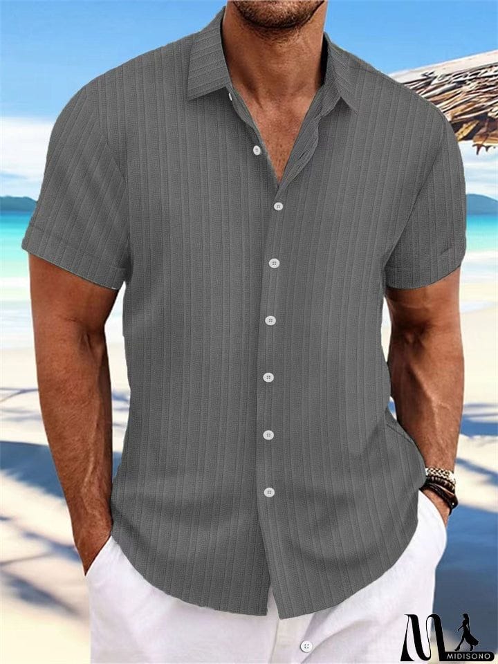 MidiSono - Men's Striped Texture Cotton Linen Short Sleeve Shirt