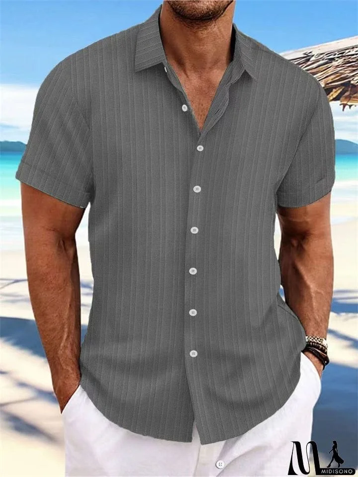MidiSono - Men's Striped Texture Cotton Linen Short Sleeve Shirt