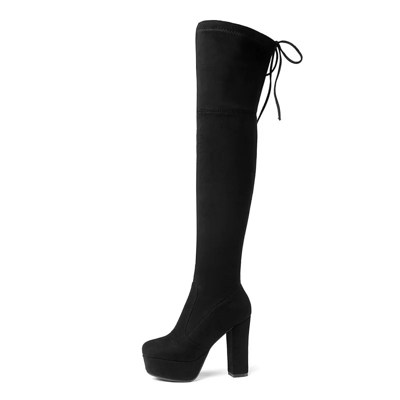 Women's Round toe platform thick heel high tube elastic super high heel back lace suede over the knee boots Novameme