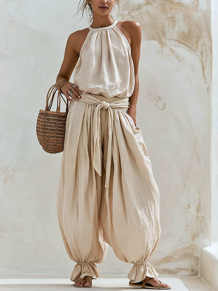 Cream Halter Two-Piece Linen Set