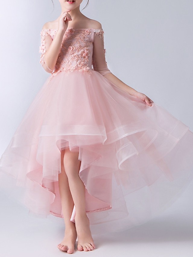 Dresseswow Half Sleeve Off Shoulder A-Line Flower Girl Dresses Tulle With Beading Appliques