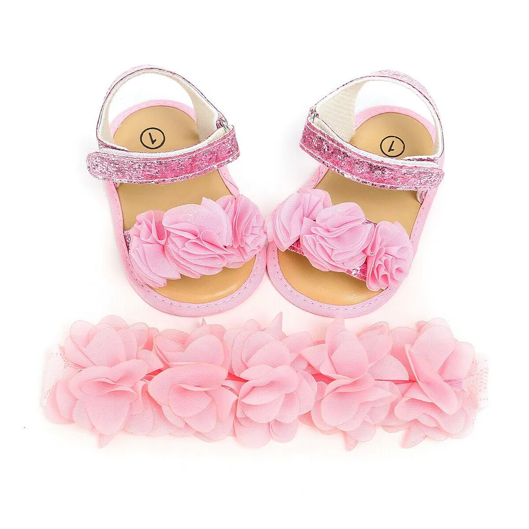 2019 Baby Summer Clothing Newborn Kid Baby Girl Flower Sandals Shoes Soft Sole Hook Casual Summer Shoes +Headband 2Pcs Solid Set
