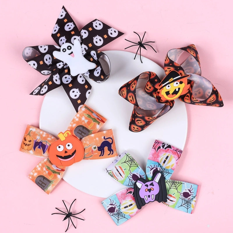 Halloween Cartoon Style Kid’S Printing Pumpkin Bow Knot Threaded Braid Hair Clip