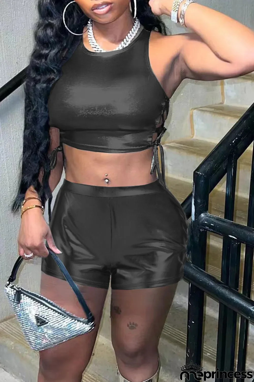 Blue Sexy Solid Bronzing Draw String O Neck Sleeveless Two Pieces